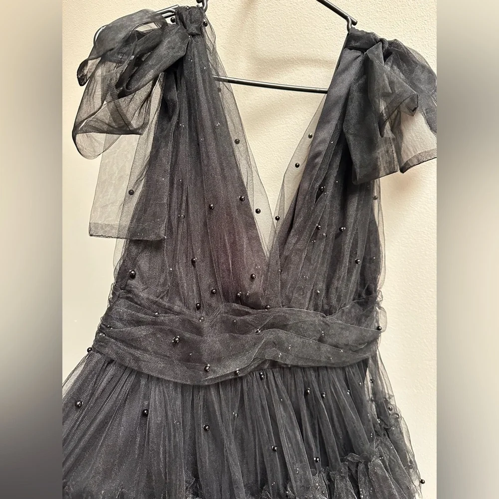 NEW Lulus Black Tulle Beaded Shoulder-Tie Tiered Mini Party Dress Women’s L READ - Picture 11 of 12